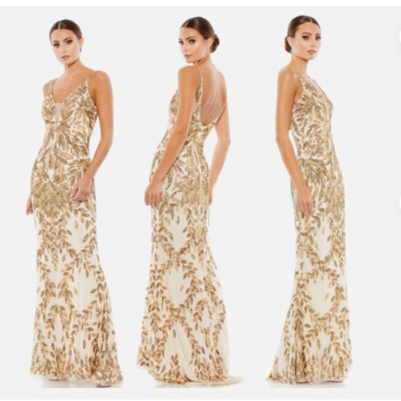 MAC DUGGAL 5107 EMBELLISHED LEAF GOLD/NUDE EVENING GOWN sz 12 - Picture 1 of 4